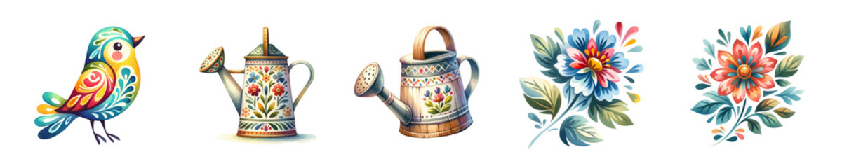 Folk Art Clip Art on white background, isolated image.