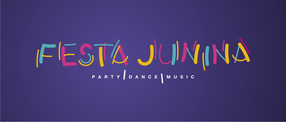 Festa Junina 2024 handwritten typography colorful logo party dance music purple background - obrazy, fototapety, plakaty