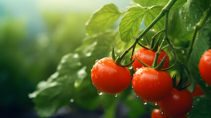 Closeup of tomato on blurred background with dewdrops - obrazy, fototapety, plakaty