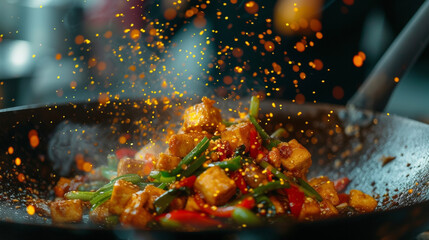 Bold flavors and sizzling sounds collide in this y tofu stirfry with a colorful array of vegetables adding a fresh and vibrant touch to the dish. - obrazy, fototapety, plakaty