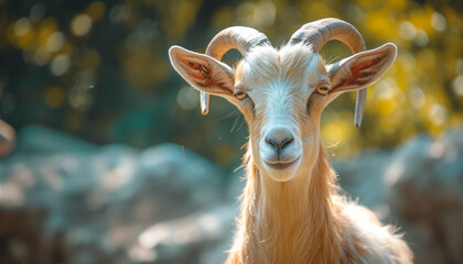 Naklejka premium Majestic Goat with Curved Horns in Sunlit Pasture