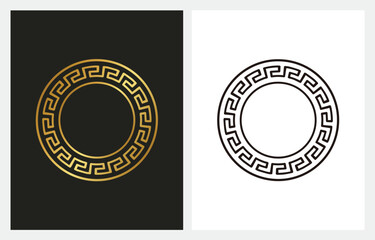 Antique Greek style gold meander ornament hand drawn line art and dot work round frame design vector illustration