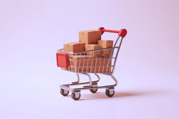 Supermarket shopping cart with goods isolated on gray background