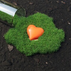 Closeup Orange color heart shape middle on green grass. Creative idea concept. 3D Rendering. - 730537368