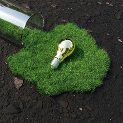 Closeup Golden Light bulb shape middle on green grass. Creative idea concept. 3D Rendering. - 730537391