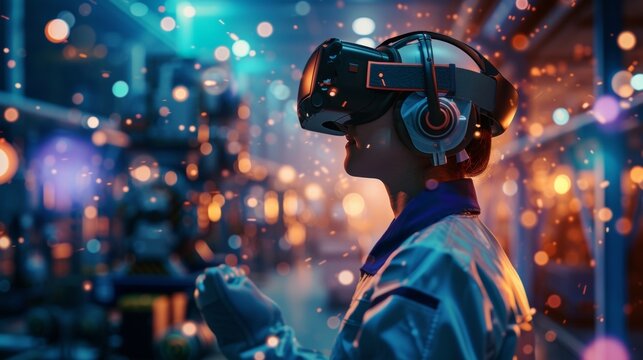 A worker wearing a virtual reality headset immersed in a simulated environment where they can test and optimize machine communication using advanced 5G technology.