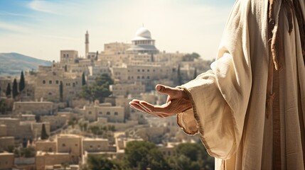 The hand of an elderly man in simple light clothes against the background of old Jerusalem.