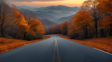 Mountain road - fall day - autumn - peak leaves - golden hour - low angle shot - cinematic - inspired by the beautiful scenery of  Western North Carolina  - obrazy, fototapety, plakaty