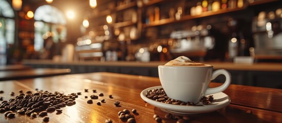 Restaurant interior photo with a hot cup of coffee and coffee beans during a coffee break. - obrazy, fototapety, plakaty