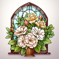 Stained Glass Window Design with Floral Arrangement

