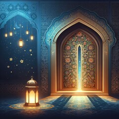 Ramadan Kareem is a beautiful mosque door with an Arabic pattern and a glowing lantern for an Islamic greeting vector background. May God Bless you during the holy month
