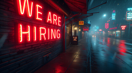 “WE ARE HIRING” neon banner - cityscape - message integrated into story - build anticipation. - announcement 