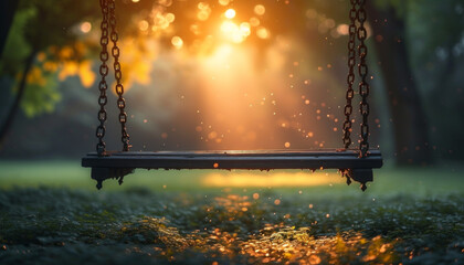 Solitary Swing at Sunset in a Peaceful Park - obrazy, fototapety, plakaty