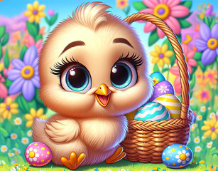 A cute cartoon chick beside a basket of colorful Easter eggs, with vibrant spring flowers in the background