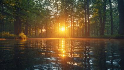 Obraz premium Sunrise Through Misty Forest Reflected in Calm Lake Waters