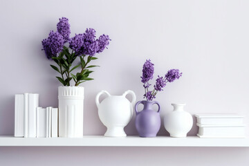 lavender lilac flowers with purple and white decorative objects on white shelf