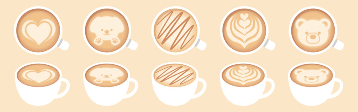 a set of latte art with coffee cups for banners, cards, flyers, social media wallpapers, etc.