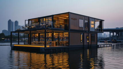 A floating restaurant constructed from multiple shipping containers offering a unique dining experience on the water.