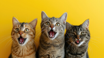 Three adult cats making funny faces on yellow