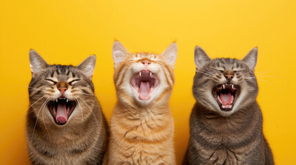 Three adult cats making funny faces on yellow