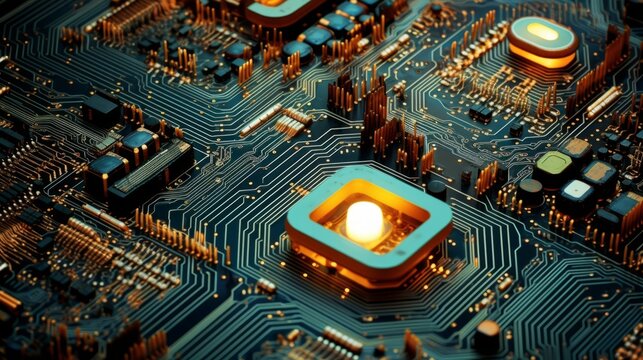Close-up shot of intricate electronic circuit boards with vibrant microcomponents