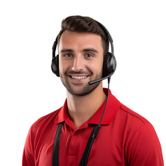 A handsome male customer support agent in a red polo t-shirt wearing a headset on an isolated background