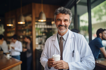 Doctor in uniform at cafe during break. Doctor drinking coffee in the store before going to work. - obrazy, fototapety, plakaty