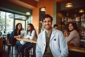 Fototapeta premium Doctor in uniform at cafe during break. Doctor drinking coffee in the store before going to work.