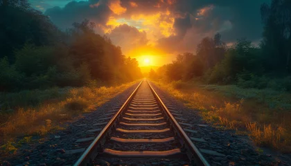 Fotobehang Sunset Glow on Railroad Tracks Leading Through a Lush Forest © Castle Studio
