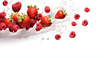template with delicious tasty quart of straw berries flying on white background - obrazy, fototapety, plakaty
