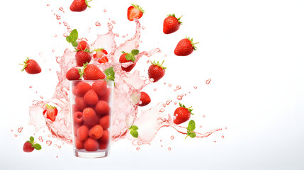 template with delicious tasty quart of straw berries flying on white background - obrazy, fototapety, plakaty