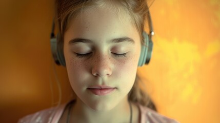 A teenage girl with auditory processing disorder listens intently to music her love for melodies and rhythms transcending her challenges. - obrazy, fototapety, plakaty