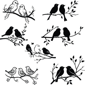birds on branch silhouette  vector illustration 
