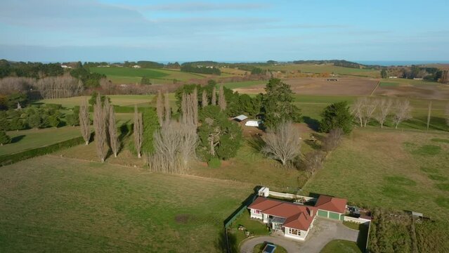 Aerial: Farmland agriculture. Oamaru, Otago, New Zealand.
