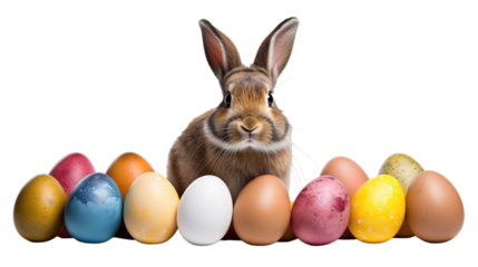 Happy easter, rabbit with eggs isolated on transparent background, Generative ai.