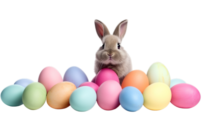 Happy easter, rabbit with eggs isolated on transparent background, Generative ai.