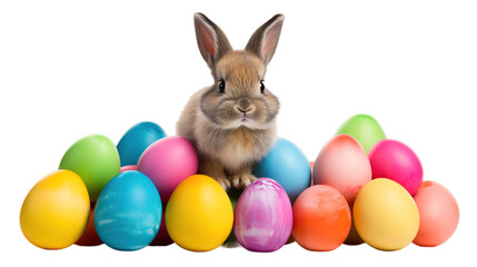 Fototapeta na wymiar Happy easter, rabbit with eggs isolated on transparent background, Generative ai.