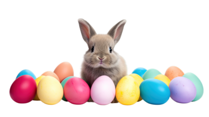 Happy easter, rabbit with eggs isolated on transparent background, Generative ai.