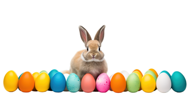 Happy easter, rabbit with eggs isolated on transparent background, Generative ai.