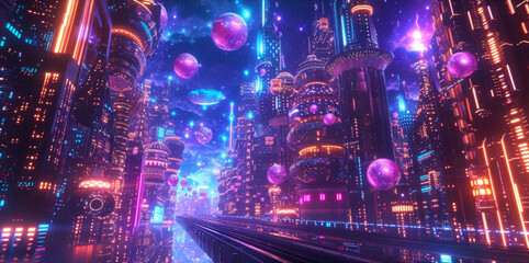 Neon lights and glowing orbs dotted the vibrant streets of the futuristic city giving the impression of a pulsing living organism that thrived on the energy of its inhabitants. - obrazy, fototapety, plakaty