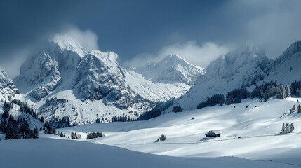 Obraz premium Tranquil Mountain Vista: Illustration Depicting the Peaceful Serenity of Countryside Living in the Mountains