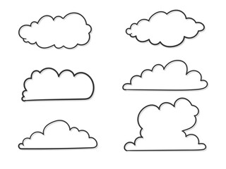 Set of outline hand drawn clouds with shadows