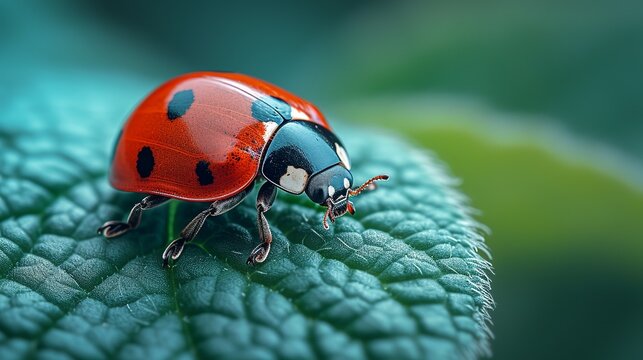 Ladybug on a Green Leaf, macro view capturing delicacy with soft focus, showcasing nature's charming microcosm. Made with Generative AI Technology