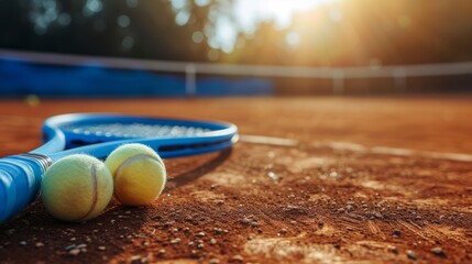 Tennis court panorama background with blue racket and two tennis balls ready to play match on outdoor courts summer sport lifestyle - obrazy, fototapety, plakaty