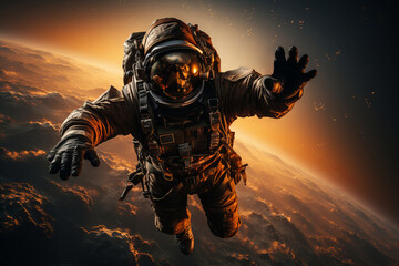 Fototapeta premium Astronaut floating amidst a mesmerizing galaxy filled with glittering stars and a remote planet