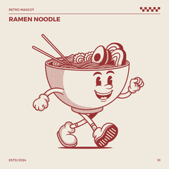 Ramen noodle soup retro mascot, cartoon mascot