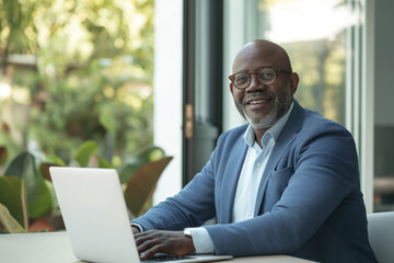 Fototapeta premium Smiling African American Executive with Laptop in Lush Green Office Environment