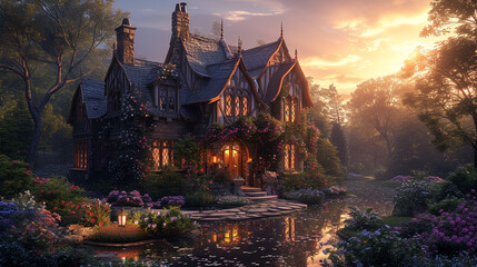 A picturesque Tudor dwelling with leaded windows reflecting the vibrant hues of a setting sun, casting a spell of enchantment. - obrazy, fototapety, plakaty