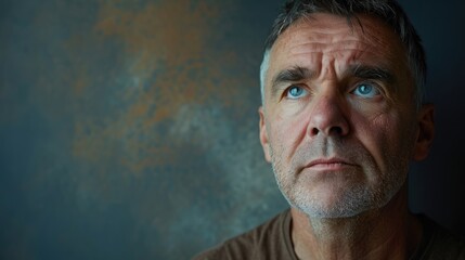 A portrait of a middleaged man with a somber expression showcasing the heavy weight of fatigue and lack of energy that can accompany a depressive state. - obrazy, fototapety, plakaty