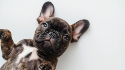 Cute brindle french bulldog puppy laying down, white background, frenchie, looking at camera, shot from above, room for type, dog breeds, pet care, puppy health, family dog, veterinary, sleepy puppy - obrazy, fototapety, plakaty